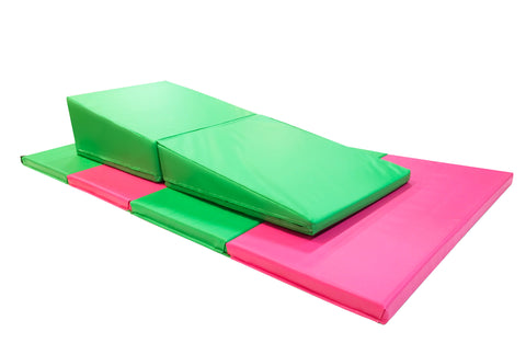 4' x 8' x 2" Pink Green gymnastics Folding Mat and Green Incline Combo